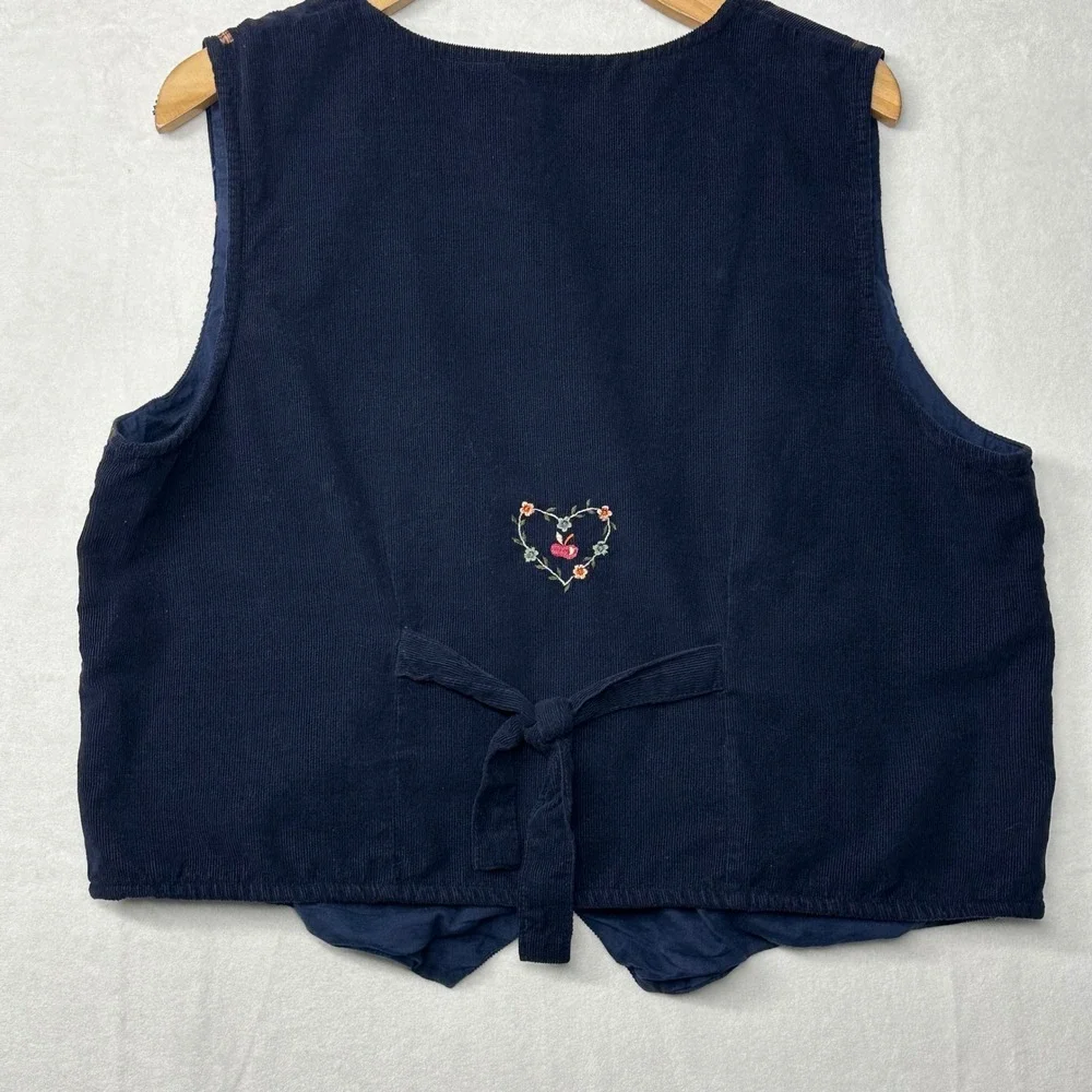 Bobbie Brooks Women's Embroidered Corduroy Vest Navy Blue Bird Heart Patchwork L